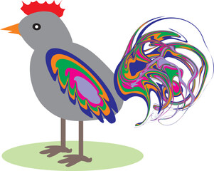 Obraz premium A rooster with a bright decorative tail and wings. Vector file for designs.