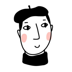 Doodle young pleased guys face. Cartoon young man in the beret. Hand-drawn outline human in turtleneck isolated on white background. Male cute portrait Avatar. Vector smiling character illustration