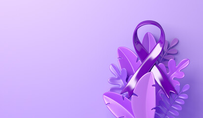 World cancer day concept with awareness lavender ribbon, cartoon leaves decoration background, copy space text, 3d rendering illustration