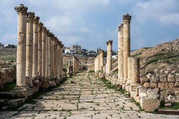 picturesque ruins of an ancient Greek city near the city of Jerash in Jordan on a sunny day