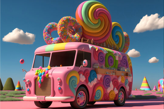 3D Render, Fantasy Colorful Food Truck of Candy Land.