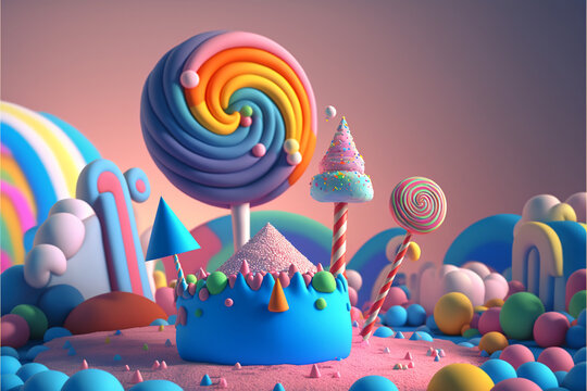 3D Render, Fantasy Colorful Candyland Background.