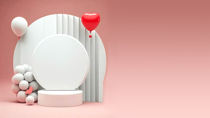 Red Heart Shape, Balloons and Podium, Clay Model, 3D Render. Happy Valentines Day Concept with Text Space.