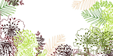 Banner con vegetazione tropicale, illustrazione isolata su sfondo bianco