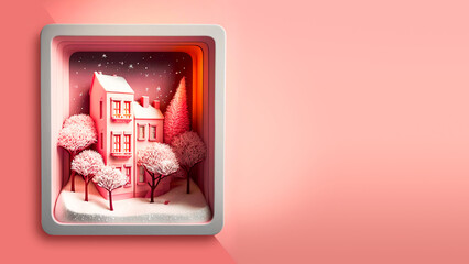3D Render of Decorative Winter Diorama Square Frame With Residential Structure, Trees, Snow Falling.