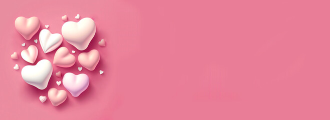 Fototapeta na wymiar 3D Render Glossy Hearts Shape On Pink Background Copy Space.