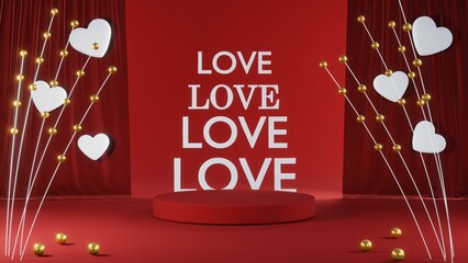 3D rendering of backdrop for displaying Valentine products for Valentine's Day red scene podium