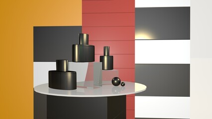 3 render. Jars and bottles of cosmetics and perfume and cologne stand on a glass stand or display case in a modern interior. Dark glass with golden highlights on the bottles. Bright colours. Black and