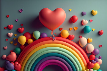 Fototapeta na wymiar Colorful Balloons And Hearts Decorated Rainbow Shape Illustration.