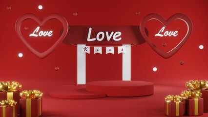 3D rendering of backdrop for displaying Valentine products for Valentine's Day red scene podium