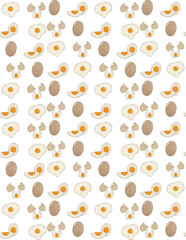 Illustration d’un imprimé homogène à motif œuf sous toute ces formes: œuf dure, œuf dans sa coquille, au plat, cru.. 