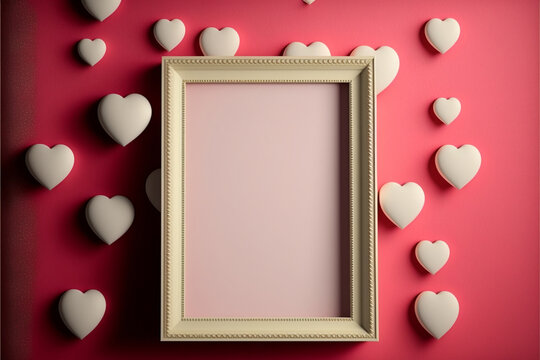 3D Render, Photo Frame With Image Placeholder Against Hearts Decorated Red Wall.