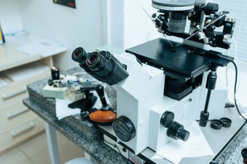 Modern multifunctional medical microscope, modern medical equipment.