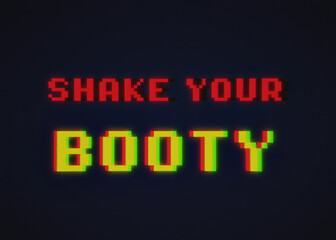 VHS tape capture: 8-bit videogame screen illustration, with the text message Shake your booty. Dark blue background, red and yellow characters.
