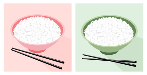 Rice bowls with chopsticks on pink and green background. Cute food icon sign vector illustration.
