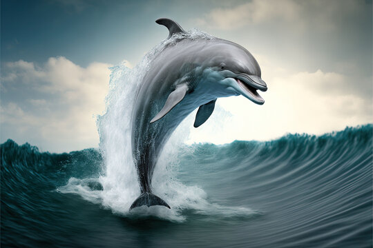  a dolphin jumping out of the water in the ocean with a cloudy sky background and a wave coming up from the water, with a dolphin jumping out of the water in the air,.