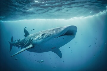 Fototapeta premium a large whale swimming in the ocean with a lot of fish around it's neck and head, with a lot of water around it's surface, and a lot of fish around it.