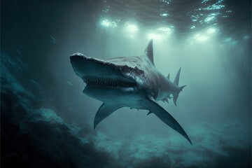 Fototapeta premium a shark swimming in the ocean with a light shining on it's face and head, with a lot of water around it, and a lot of bubbles around it, and a lot of water.
