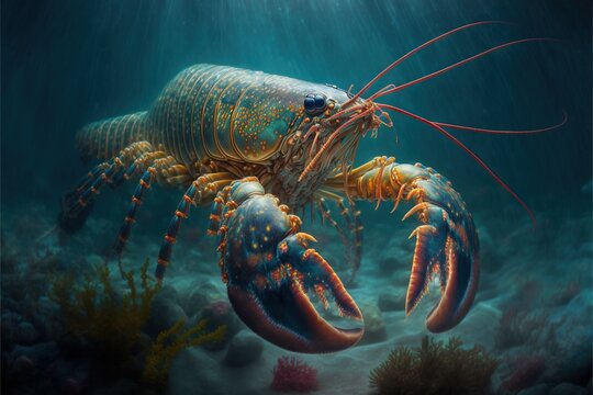 a large lobster is swimming in the ocean water with its long tentacles exposed to the surface of the water, with a light shining on the bottom of the water and bottom of the image. Generative AI