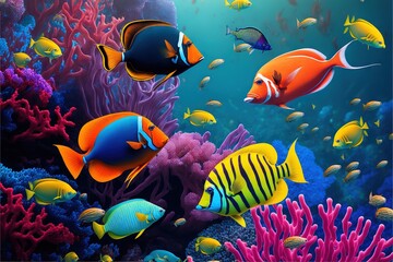  a painting of a group of fish swimming in the ocean with corals and sponges on the bottom of the water and a coral reef in the background is a blue sky with white.