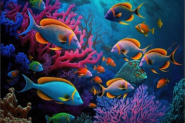 Naklejka na ściany i meble a painting of a group of fish swimming over a coral reef with corals and sponges on the bottom of the water, with a blue background of corals and yellow and orange.