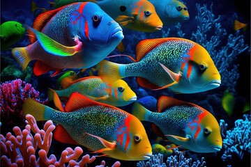  a group of colorful fish swimming in a coral reef with corals and seaweed in the background, with a black background, with a black border, and white border, and red border.