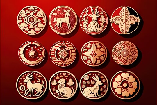 hinese New Year horoscope rabbit round icons. Generative AI