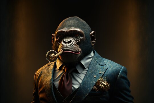 Gangster gorilla in a black three-piece suit and smoking golden cigar attitude mode and wearing a golden chain. Generative AI