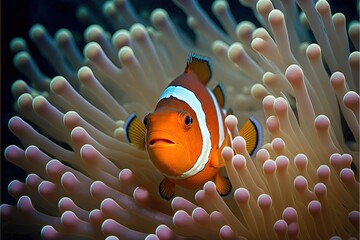  an orange clownfish in an anemone with white tentacles and a blue eye looking at the camera, with a black background and white corals and corals in the foreground. Generative AI