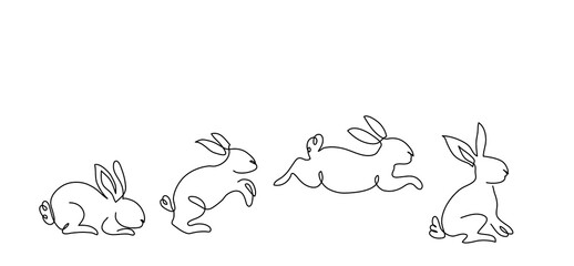 Running, jumping rabbit, bunny, hare. Vector one continuous line art illustrations set. Rabbit in jump