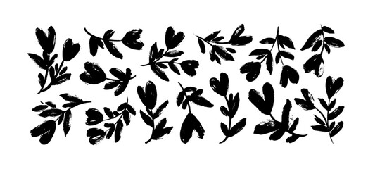 Collection with floral branches with heart blooms. Brush drawn vector botanical elements isolated on white background. Children style floral stems for love holidays or weddings. Hand drawn silhouettes