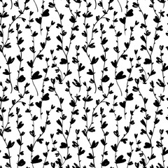 Curved thin branches with small leaves seamless pattern. Heart shape leaves on vertical liana stems. Botanical stylish background with brush drawn vector plants. Hand drawn foliage black silhouettes.