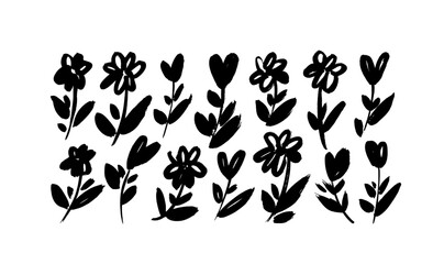 Fototapeta na wymiar Ink drawing wild flowers isolated on white background. Monochrome botanical illustration. Chamomile with heart shape blossoms. Small wild and meadow herbs and flowers. Brush drawn vector elements.
