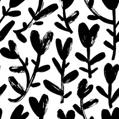 Seamless pattern with tulips with heart shape blossoms painted by brush. Hand drawn botanical ornament for weddings and Valentine's day. Vector floral branches with heart shapes buds.  