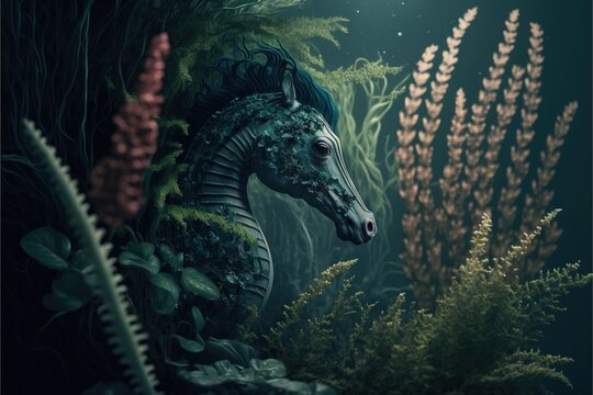  a horse is standing in the grass by itself in the night time scene, with a sea horse in the foreground and seaweed in the foreground, and a full of light.