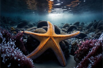  a starfish is swimming in the ocean water near rocks and corals, with a bright light shining on the water surface behind it, and a starfish is swimming in the foreground.