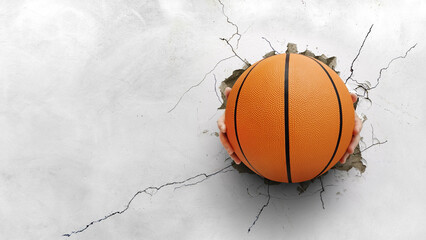 A hand holding a basketball pierced through a cement wall. The strength of the concept of basketball