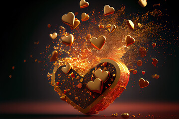 Chocolate heart with many gold leaf hearts and particles explosion for Valentine's Day on clear background | Generative AI