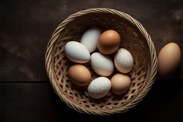  a basket of eggs on a table with one egg in the middle of the basket and the other eggs in the basket on the table with the eggs in the basket on the table,.