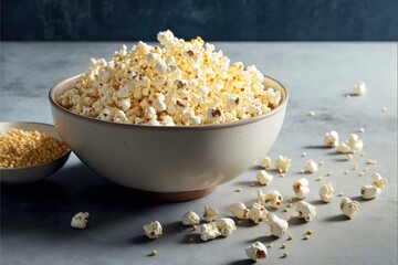 a bowl of popcorn and a bowl of popcorn on a table with a spoon and a bowl of popcorn on the table with popcorn scattered kernels on the table top of the bowl and.