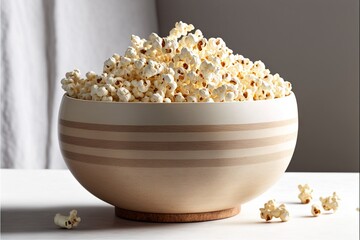  a bowl of popcorn is sitting on a table with a few pieces of popcorn scattered around it on the table, with a curtain in the background, a white curtain, and a striped.