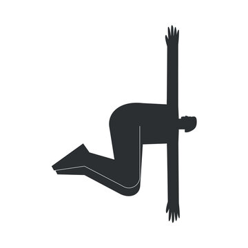 Vector isolated illustration with flat black silhouette of female character. Sportive woman learns yoga posture Belly Twist pose. Fitness exercise - Jathara Parivartanasana. Minimalistic linocut