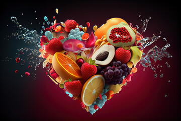 Fototapeta na wymiar Many different ice fruits and juice in the shape of a heart for Valentine's Day are on the move. In particular oranges, strawberries, grapes, and more | Generative AI