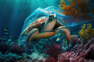 Naklejka na ściany i meble Plastic pollution in ocean environmental problem. Turtle eat plastic bags mistaking them for jellyfish. Generative AI