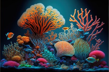  a painting of a coral reef with fish and corals on it's sides and a dark background with a blue light in the middle of the picture and a black background with a black light.