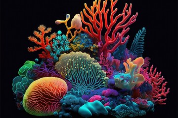  a colorful coral reef with sea animals and corals on a black background with a black background and a black background with a black border and white border with a black border with a red.