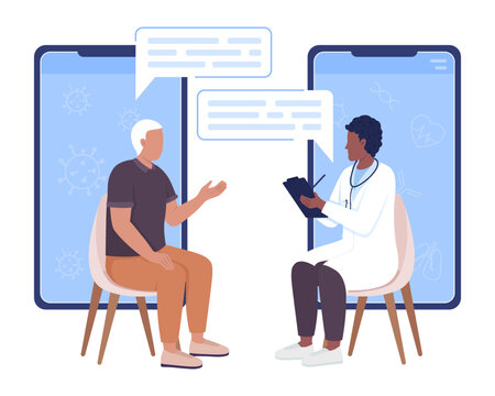 E-meeting with male doctor flat concept vector illustration. Visit therapist. Editable 2D cartoon characters on white for web design. Viral disease creative idea for website, mobile, presentation
