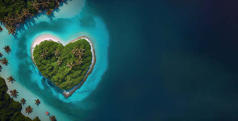 Decert greeny island in the form of heart. Valentine's day. Top view. Drone view. Blue ocean. Copy space. Generative AI
