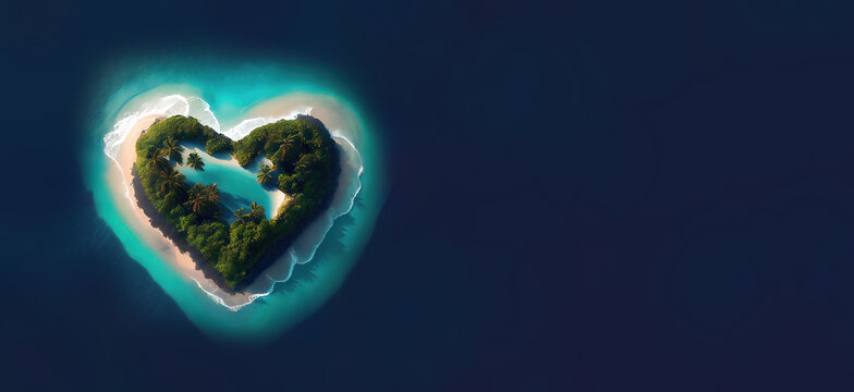 Decert greeny island in the form of heart. Valentine's day. Top view. Drone view. Blue ocean. Copy space. Generative AI
