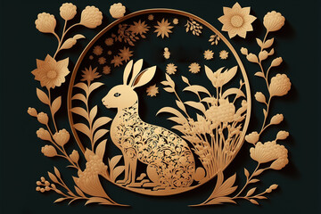 new year 2023 year of the rabbit zodiac sign, flower,lantern,asian elements gold paper cut style on color Background. Generative AI